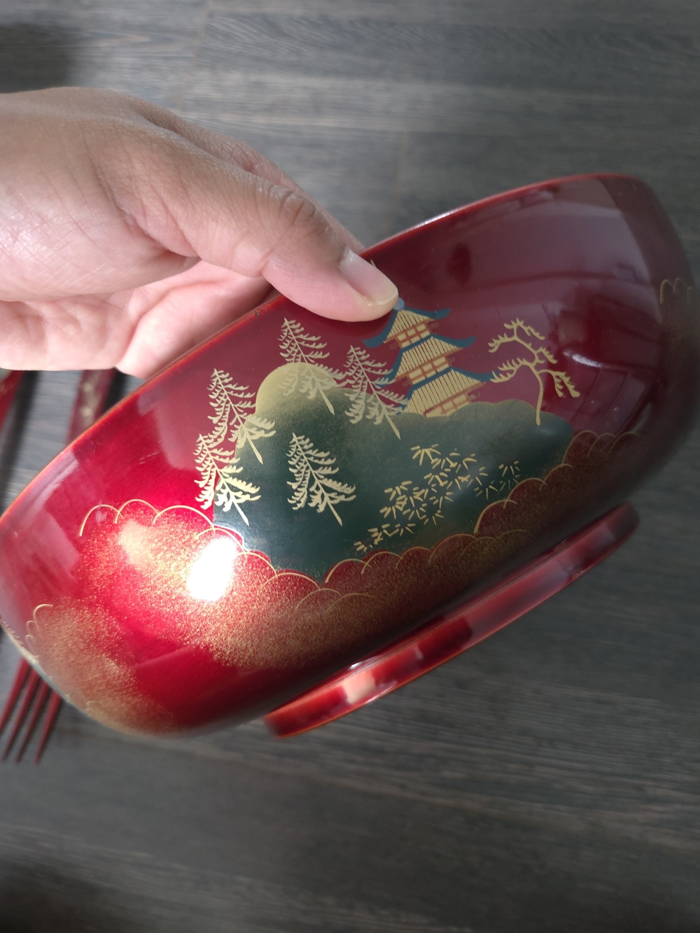 Deep Red Lacquered Japanese Salad Bowl Set - Picture 7 of 7
